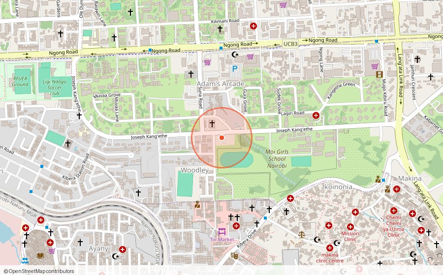 Map of the area around our office: Joseph Kang'ethe Road running east to west, with Ngong Road nearby. The marked circle is the block the office sits on.
